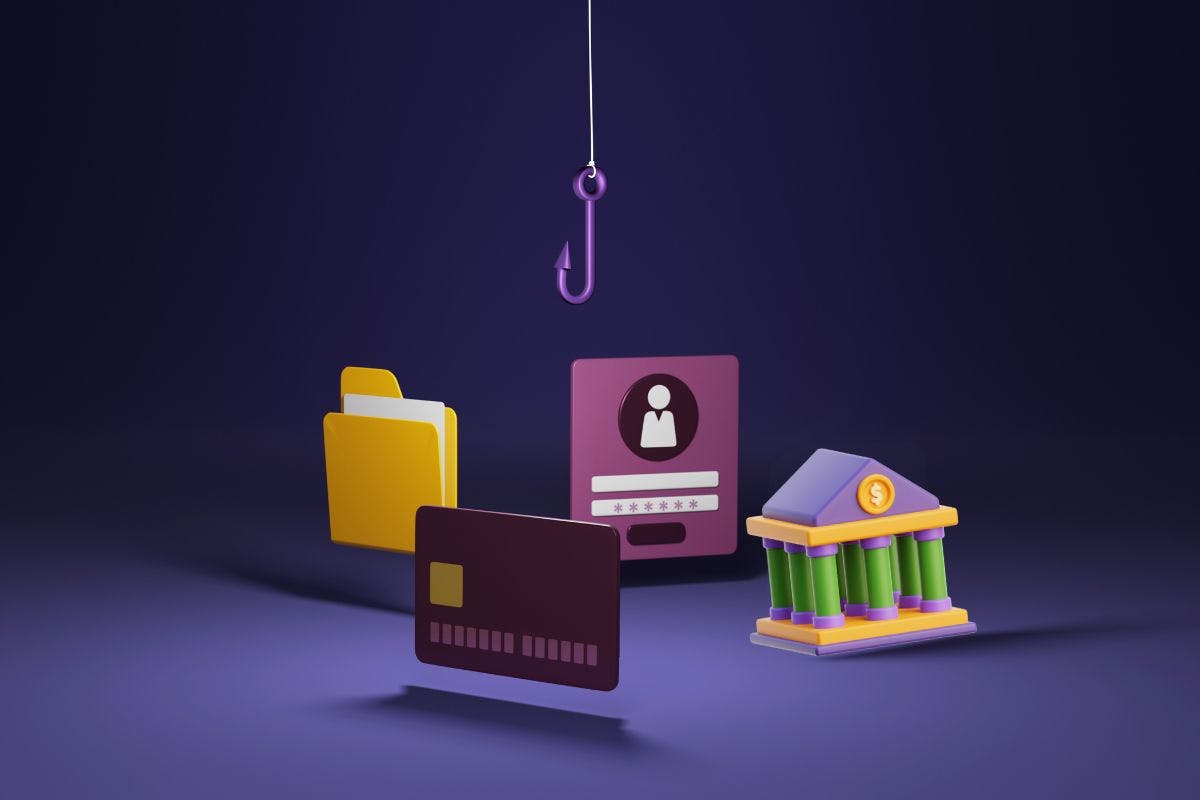 A hook fishing for a credit card, file, user account, and bank against a dark purple background